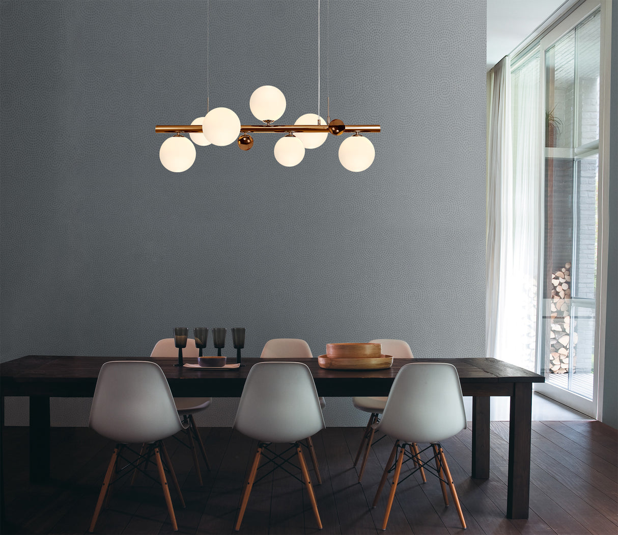Suggett Linear Pendant , 7 x G9, Antique Copper, Opal & Copper Glass