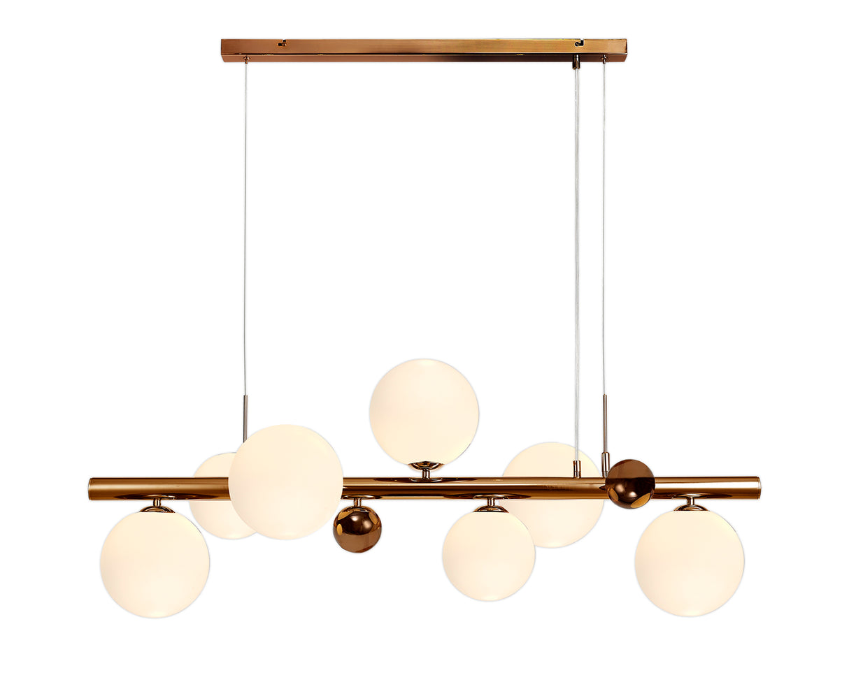 Suggett Linear Pendant , 7 x G9, Antique Copper, Opal & Copper Glass