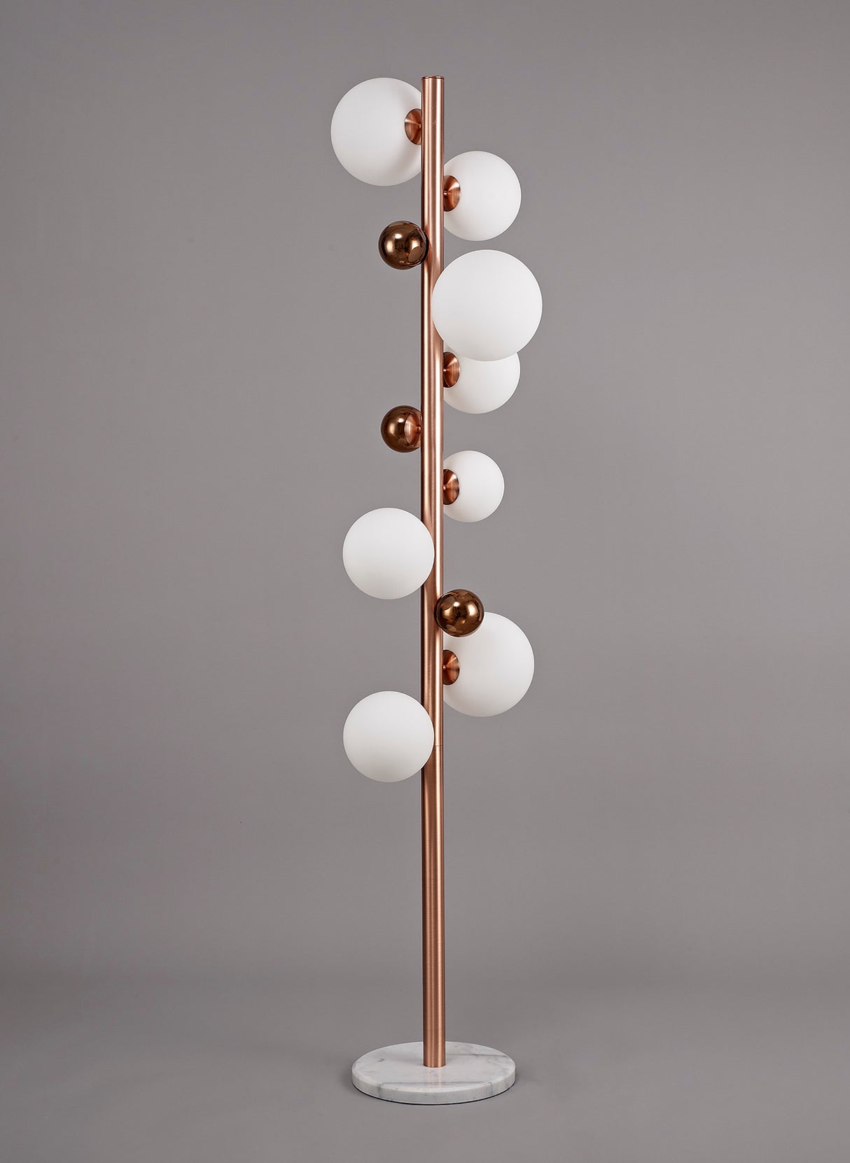 Suggett Floor Lamp, 8 x G9, Antique Copper/Opal & Copper Glass With White Marble Base