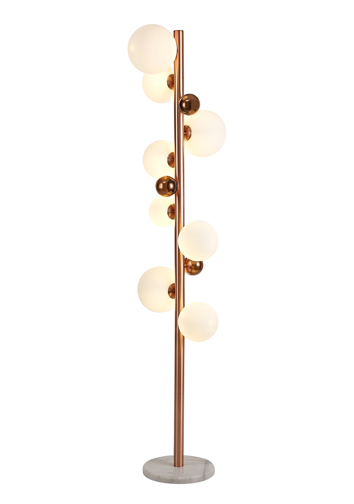 Suggett Floor Lamp, 8 x G9, Antique Copper/Opal & Copper Glass With White Marble Base