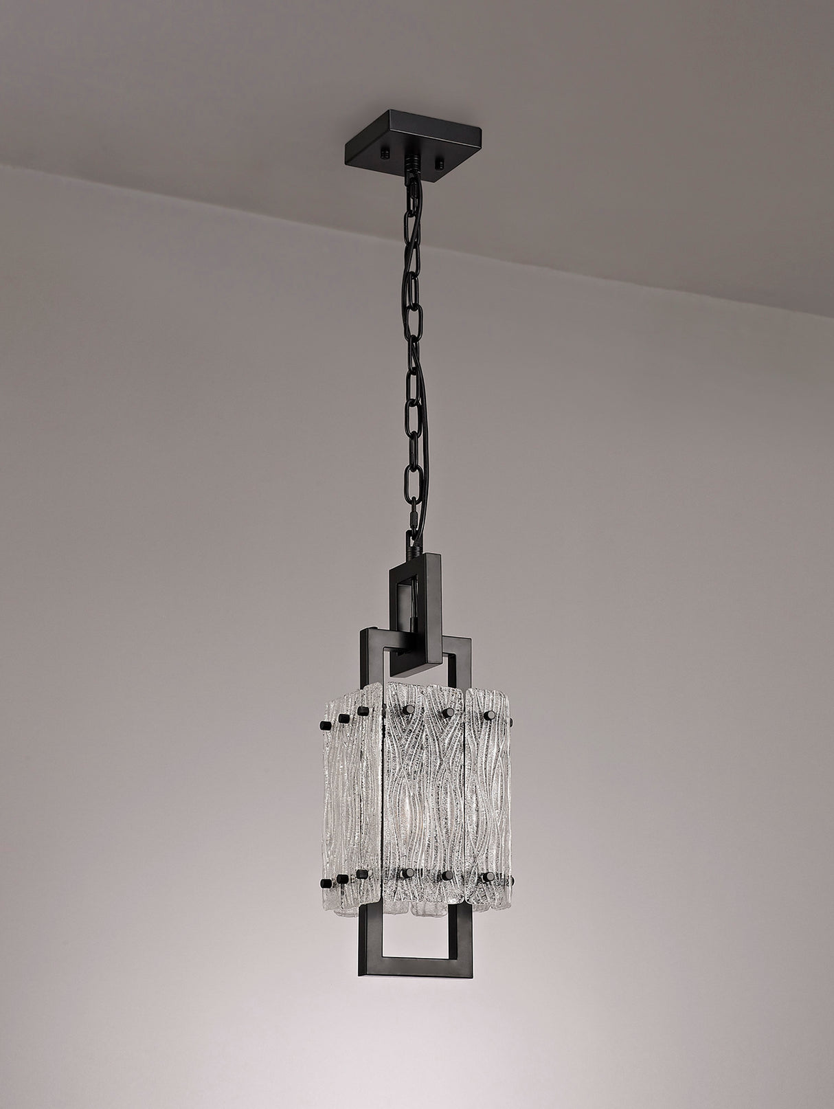 Ursem Small Square Pendant, 1 Light E27, Matt Black/Crystal Sand Glass