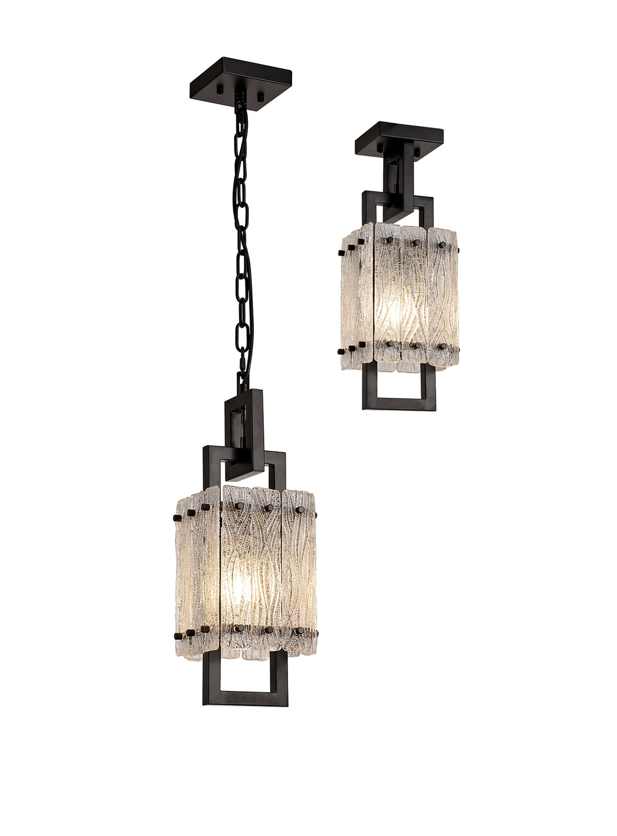 Ursem Small Square Pendant, 1 Light E27, Matt Black/Crystal Sand Glass