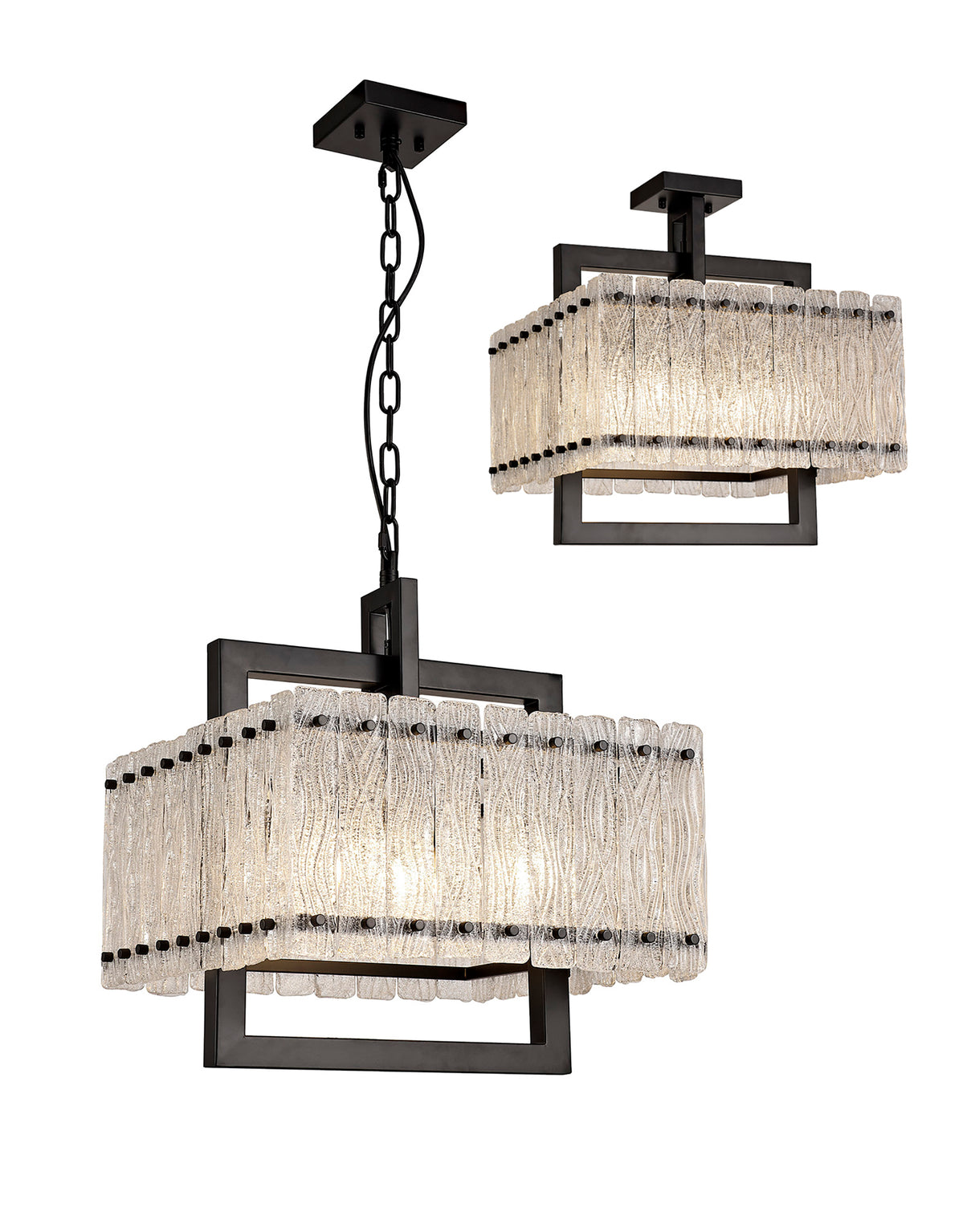 Ursem Large Square Pendant/Semi Flush, 5 Light E27, Matt Black/Crystal Sand Glass