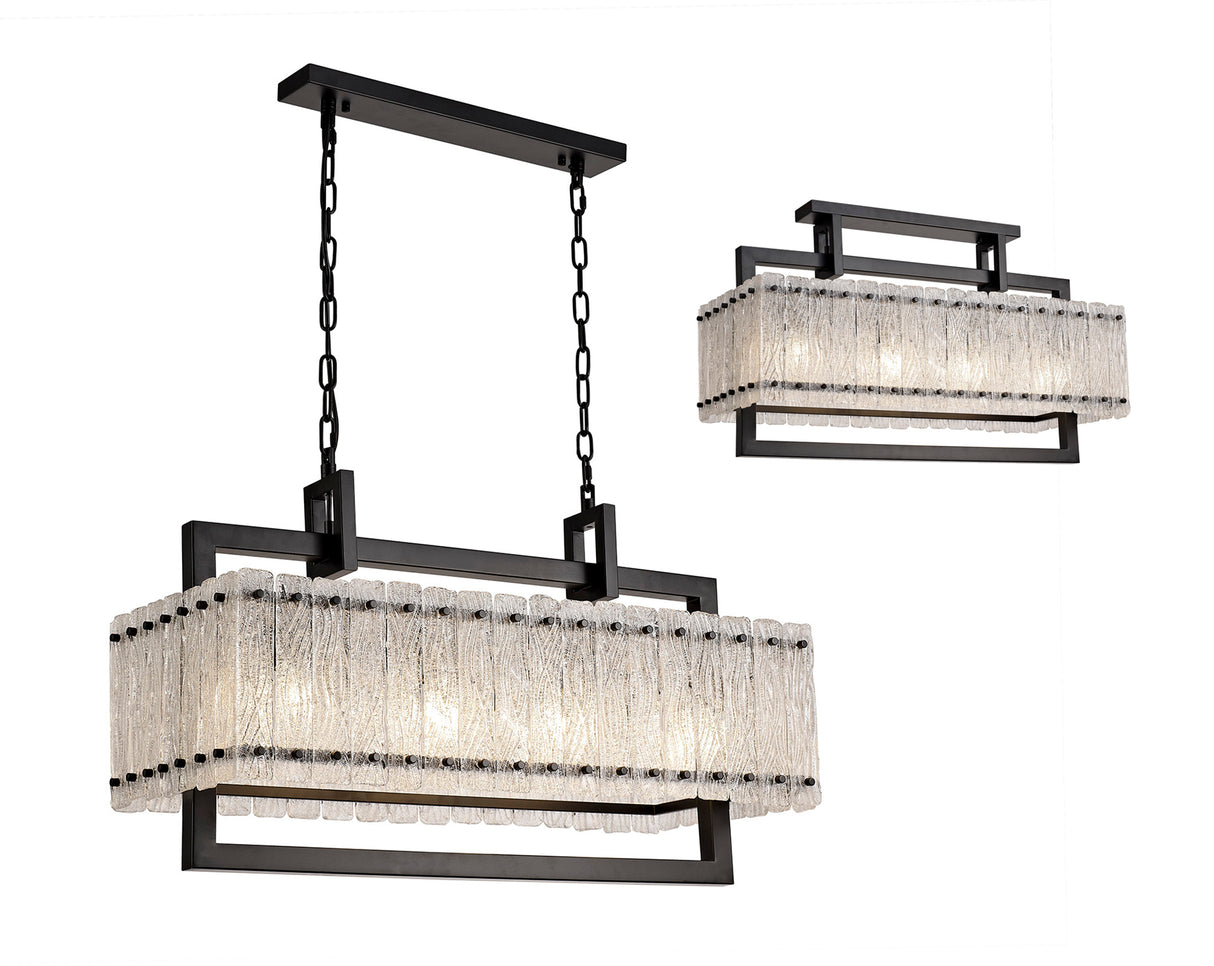 Ursem Medium Linear Pendant, 8 Light E27, Matt Black/Crystal Sand Glass Item Weight: 15.5kg