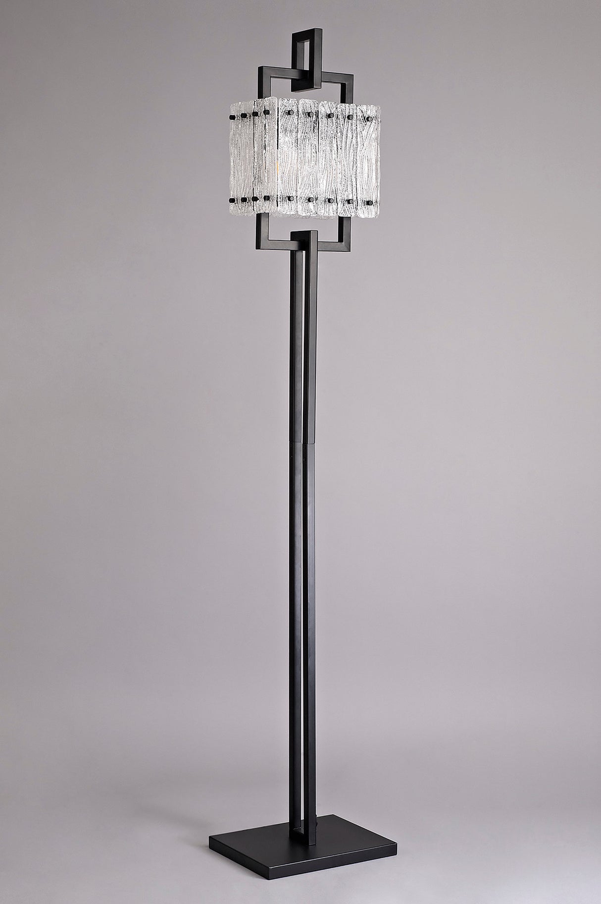 Ursem Floor Lamp, 2 Light E27, Matt Black/Crystal Sand Glass