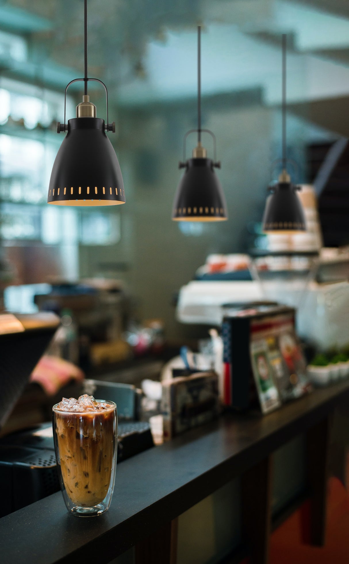 Clough Small Pendant, 1 x E27, Matt Black/Antique Brass/Khaki