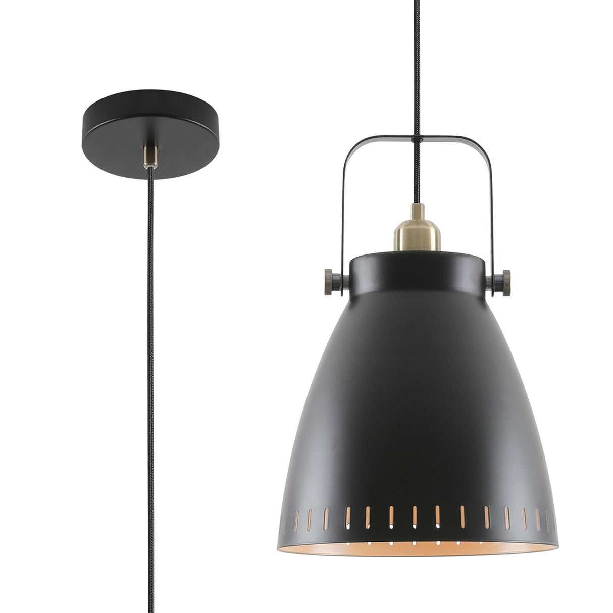 Clough Large Pendant, 1 x E27, Matt Black/Antique Brass/Khaki