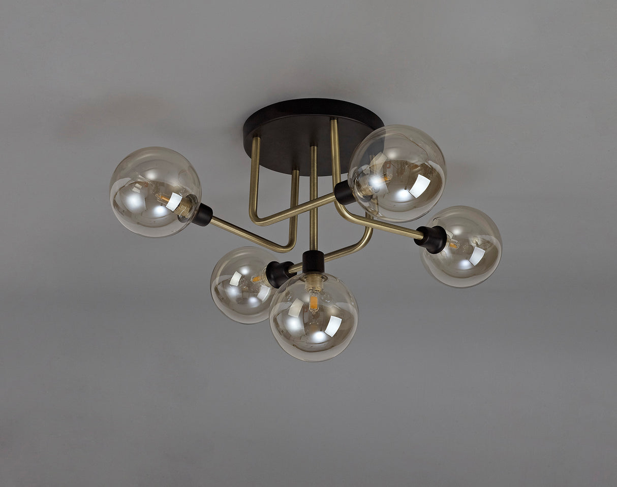 Gayle Flush Ceiling, 5 Light G9, Matt Black/Antique Brass/Cognac Glass