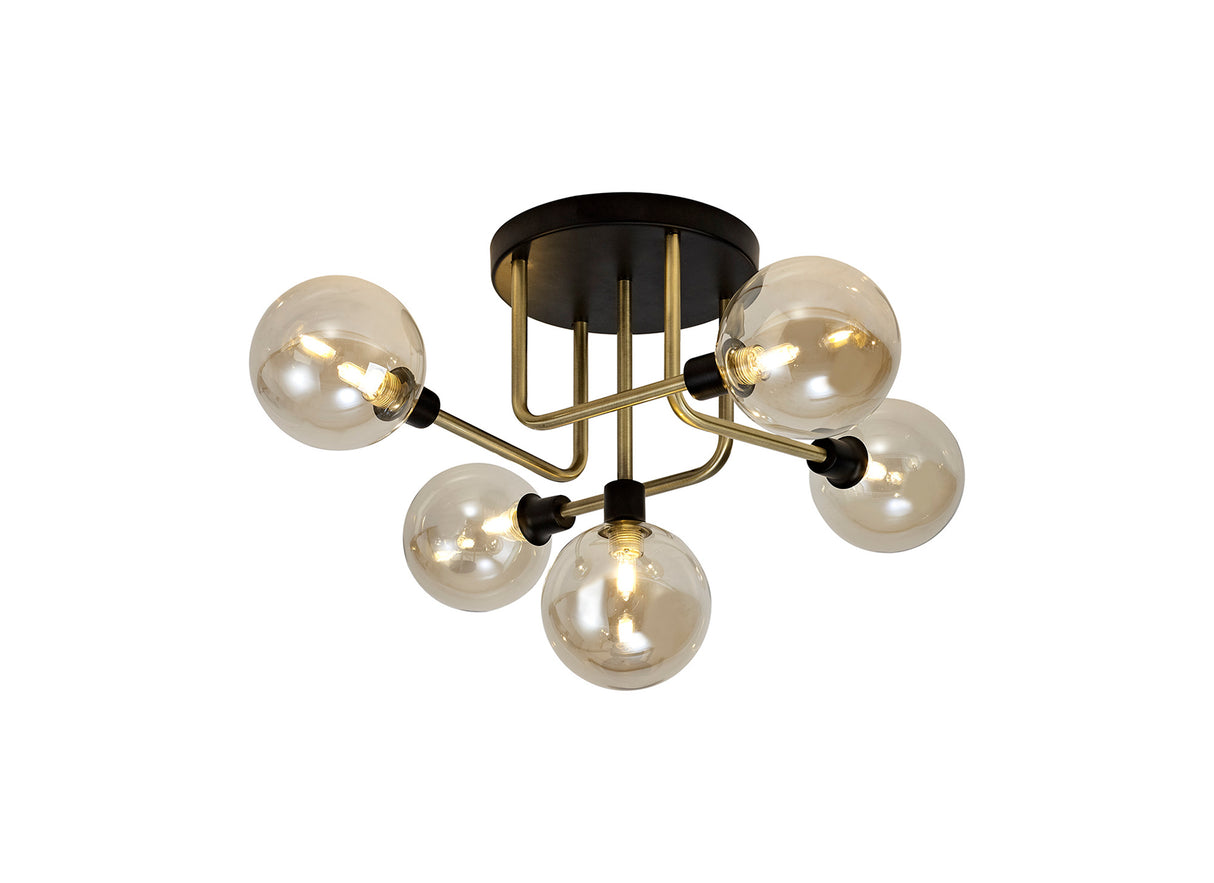 Gayle Flush Ceiling, 5 Light G9, Matt Black/Antique Brass/Cognac Glass