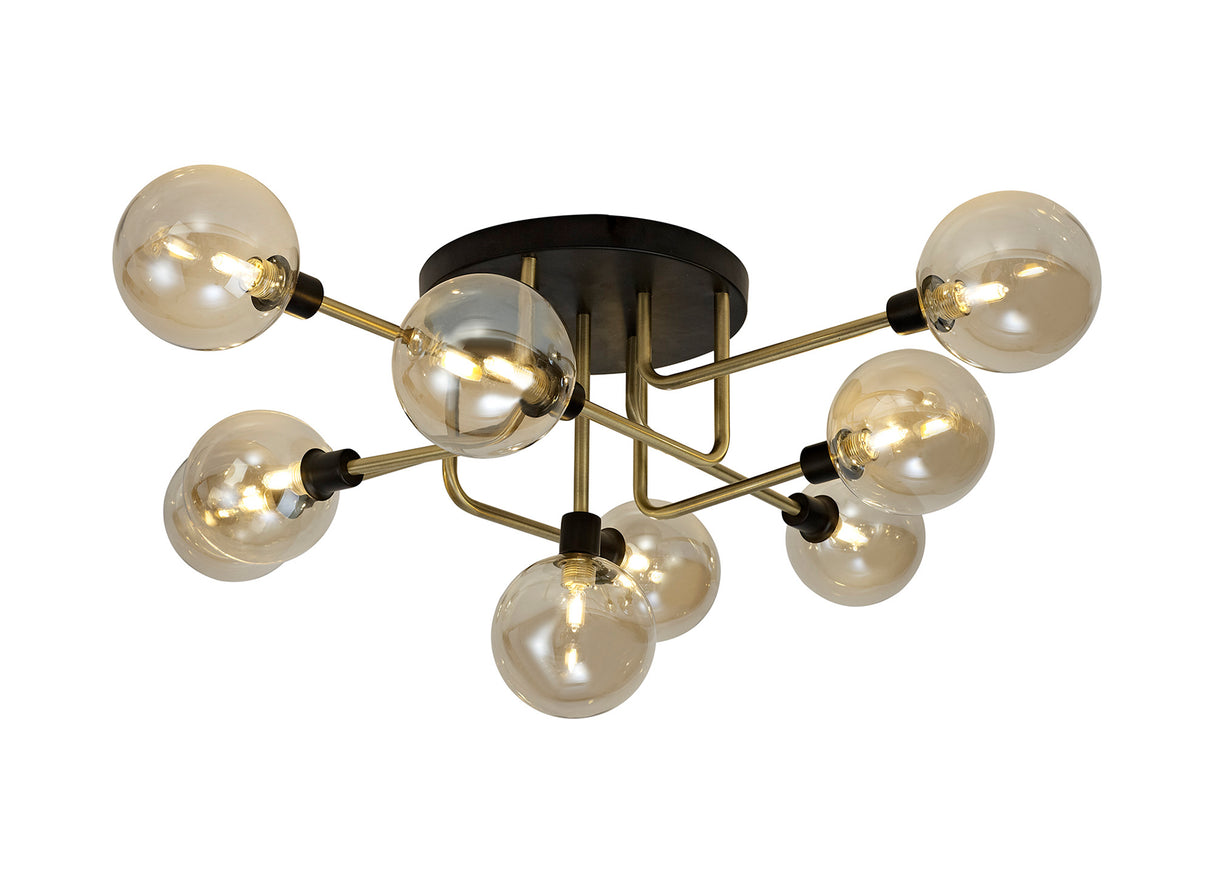 Gayle Flush Ceiling, 9 Light G9, Matt Black/Antique Brass/Cognac Glass