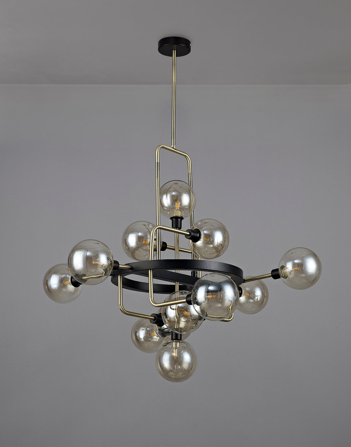 Gayle Fixed Pendant, 12 Light G9, Matt Black/Antique Brass/Cognac Glass