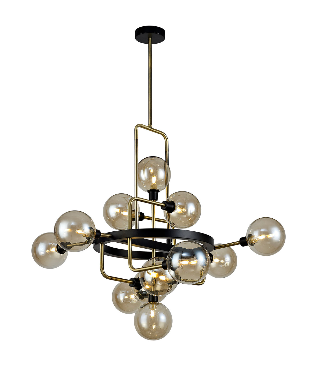 Gayle Fixed Pendant, 12 Light G9, Matt Black/Antique Brass/Cognac Glass