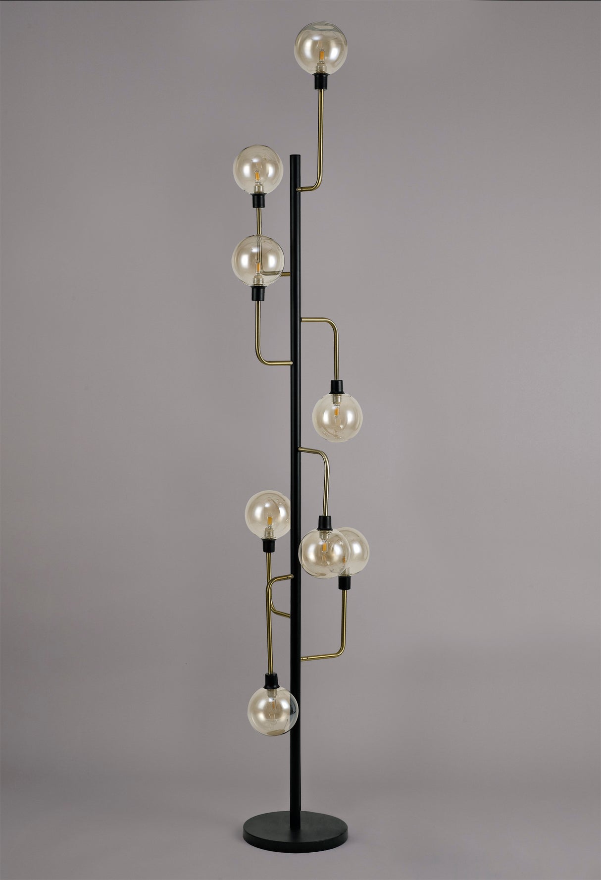 Gayle Floor Lamp, 8 Light G9, Matt Black/Antique Brass/Cognac Glass