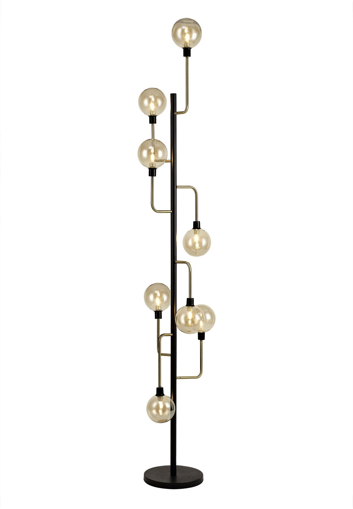 Gayle Floor Lamp, 8 Light G9, Matt Black/Antique Brass/Cognac Glass