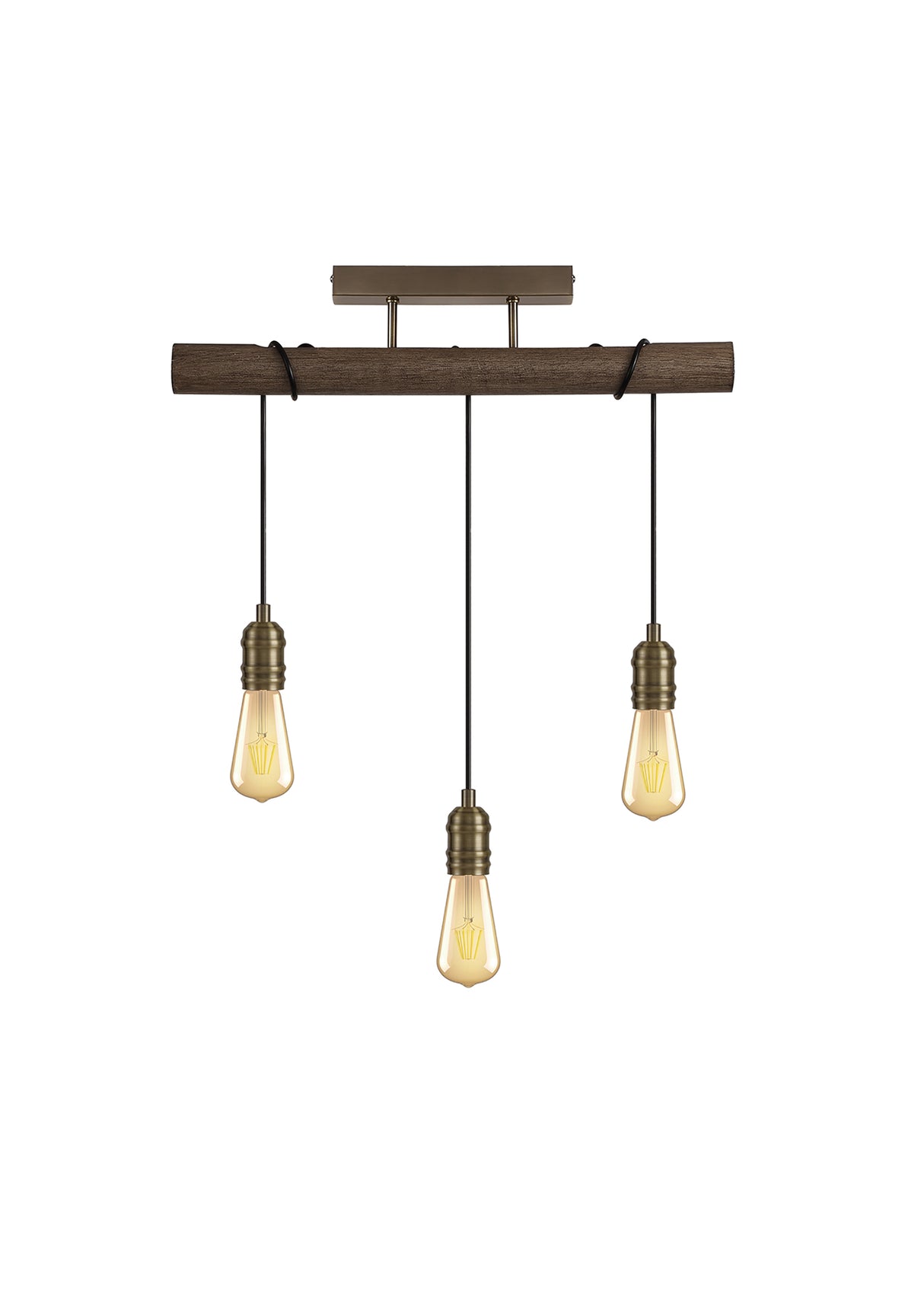 Tiler Flush Ceiling, 3 x E27, Medium Oak/Antique Brass