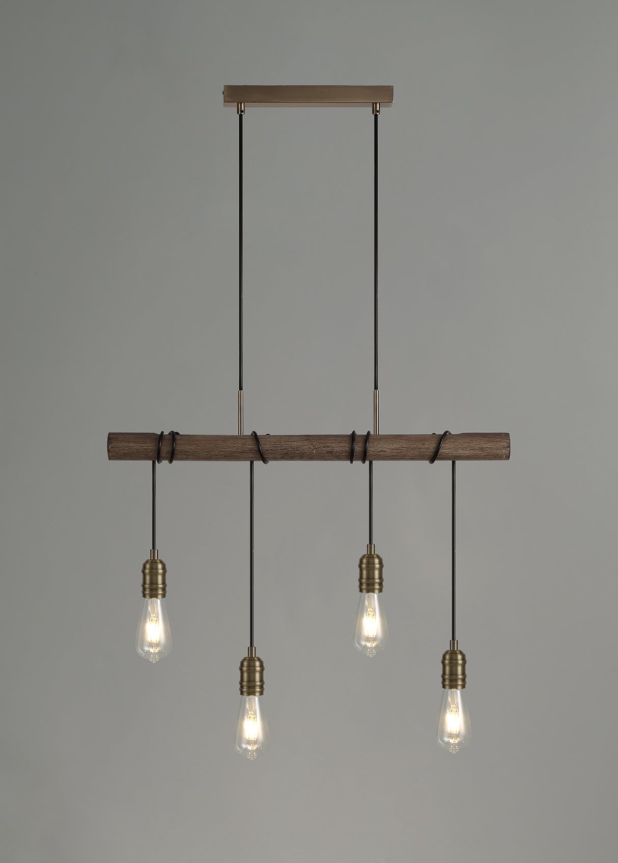 Tiler Pendant, 4 x E27, Medium Oak/Antique Brass