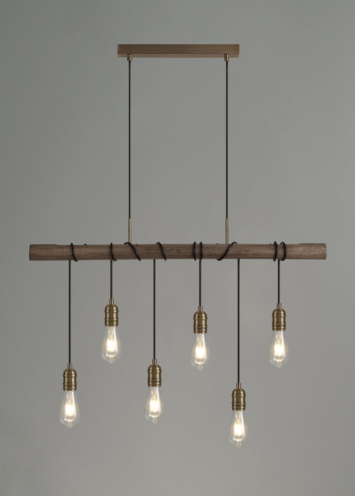 Tiler Pendant, 6 x E27, Medium Oak/Antique Brass