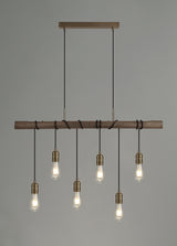 Tiler Pendant, 6 x E27, Medium Oak/Antique Brass