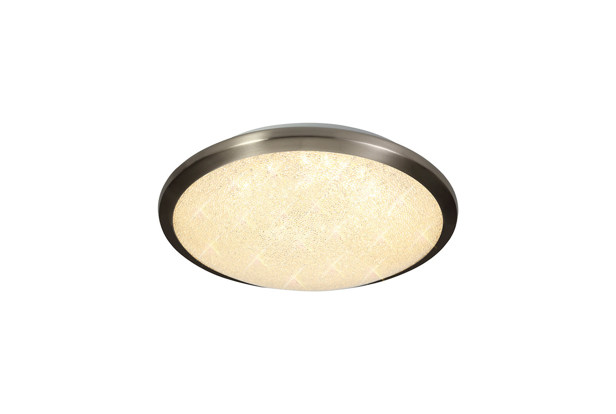 Clarke Ceiling, 30cm 1 x 12W LED, 3000K, 750lm, IP44, Satin Nickel/Crystaline, 3yrs Warranty