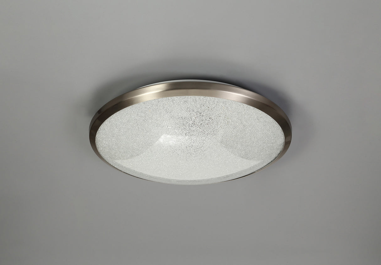 Clarke Ceiling, 35cm 1 x 18W LED, 3000K, 1044lm, IP44, Satin Nickel/Crystaline, 3yrs Warranty