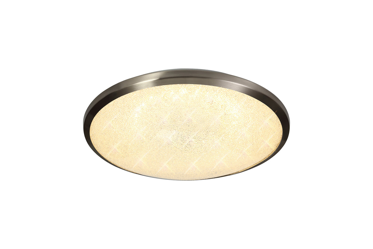 Clarke Ceiling, 35cm 1 x 18W LED, 3000K, 1044lm, IP44, Satin Nickel/Crystaline, 3yrs Warranty