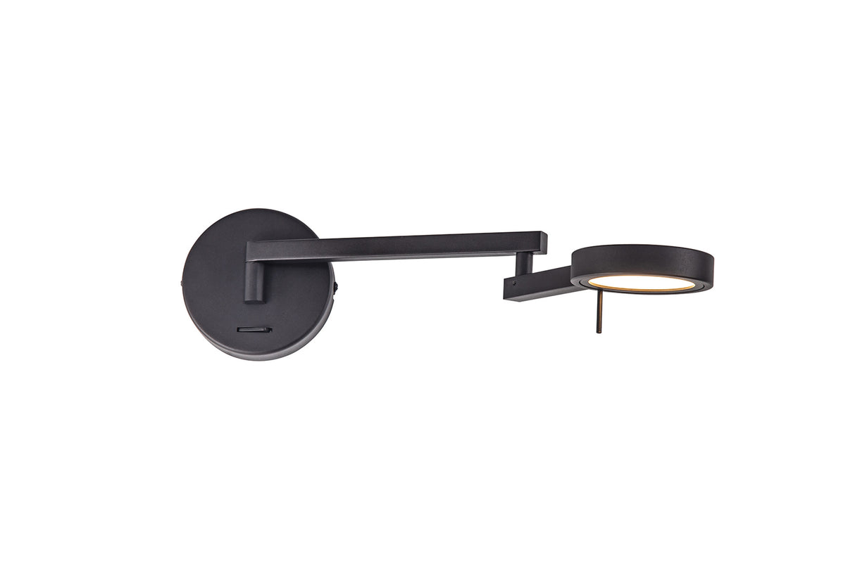 Carney Switched Adjustable Swing Arm Wall Lamp / Reader, 1 x 8W LED, 3000K, Sand Black, 3yrs Warranty