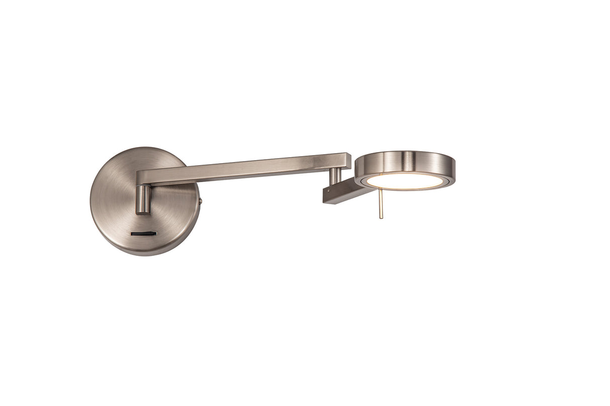 Carney Switched Adjustable Swing Arm Wall Lamp / Reader, 1 x 8W LED, 3000K, Satin Nickel, 3yrs Warranty