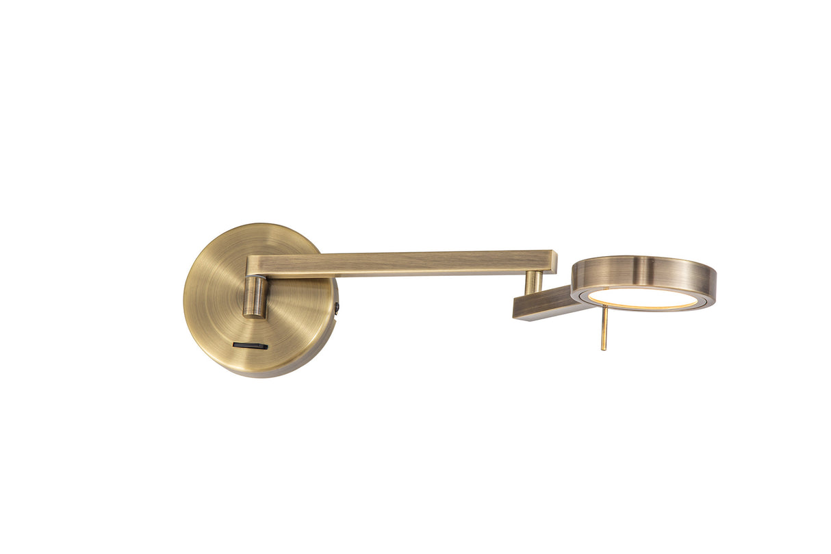 Carney Switched Adjustable Swing Arm Wall Lamp / Reader, 1 x 8W LED, 3000K, Antique Brass, 3yrs Warranty