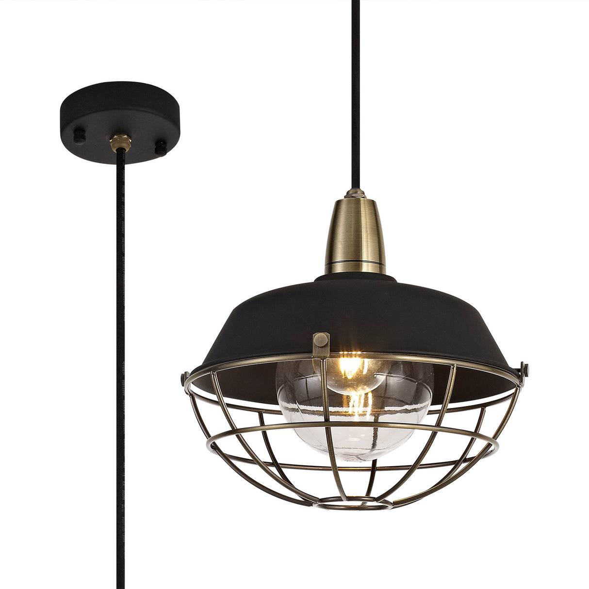 Lemon Pendant, 1 Light E27, IP65, Matt Black/Antique Brass, 2yrs Warranty