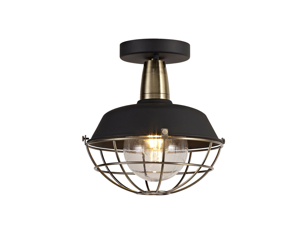 Lemon Semi Flush Ceiling, 1 Light E27, IP65, Matt Black/Antique Brass, 2yrs Warranty