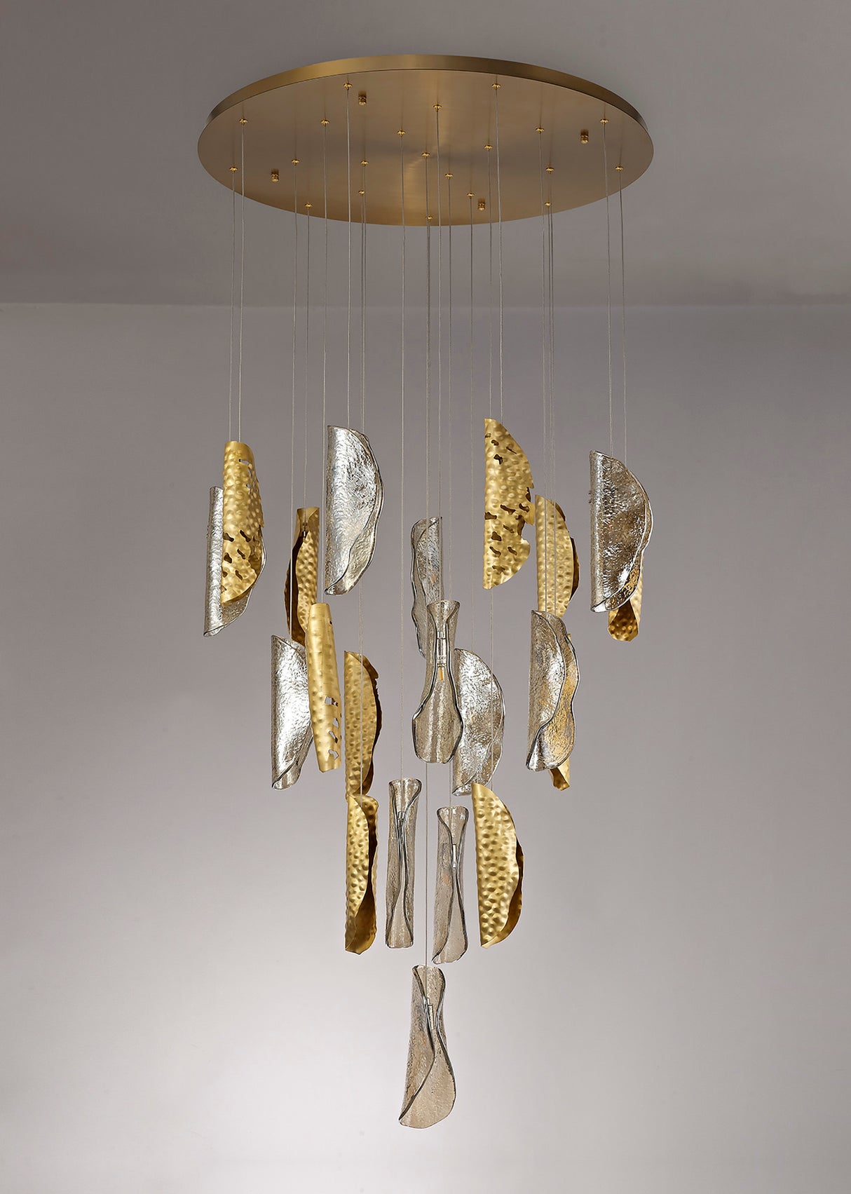 Watson Pendant 5m 21 x G9, Brass Metal Shade & Cognac Glass Item Weight: 24.9kg