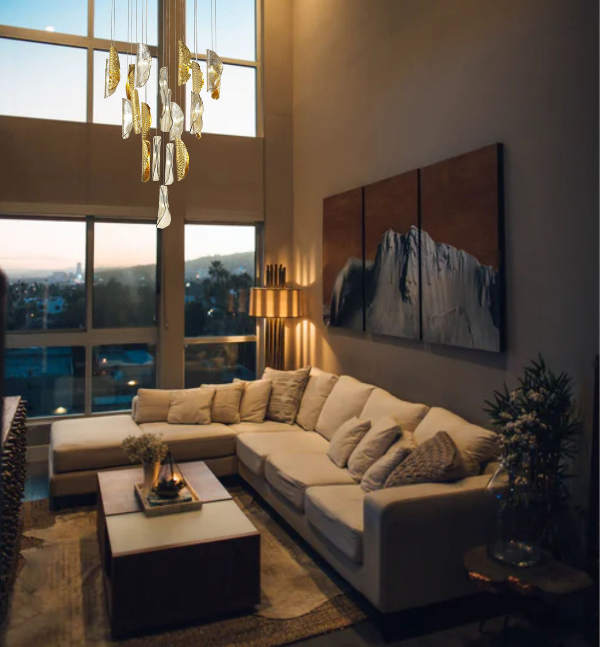 Watson Pendant 5m 21 x G9, Brass Metal Shade & Cognac Glass Item Weight: 24.9kg