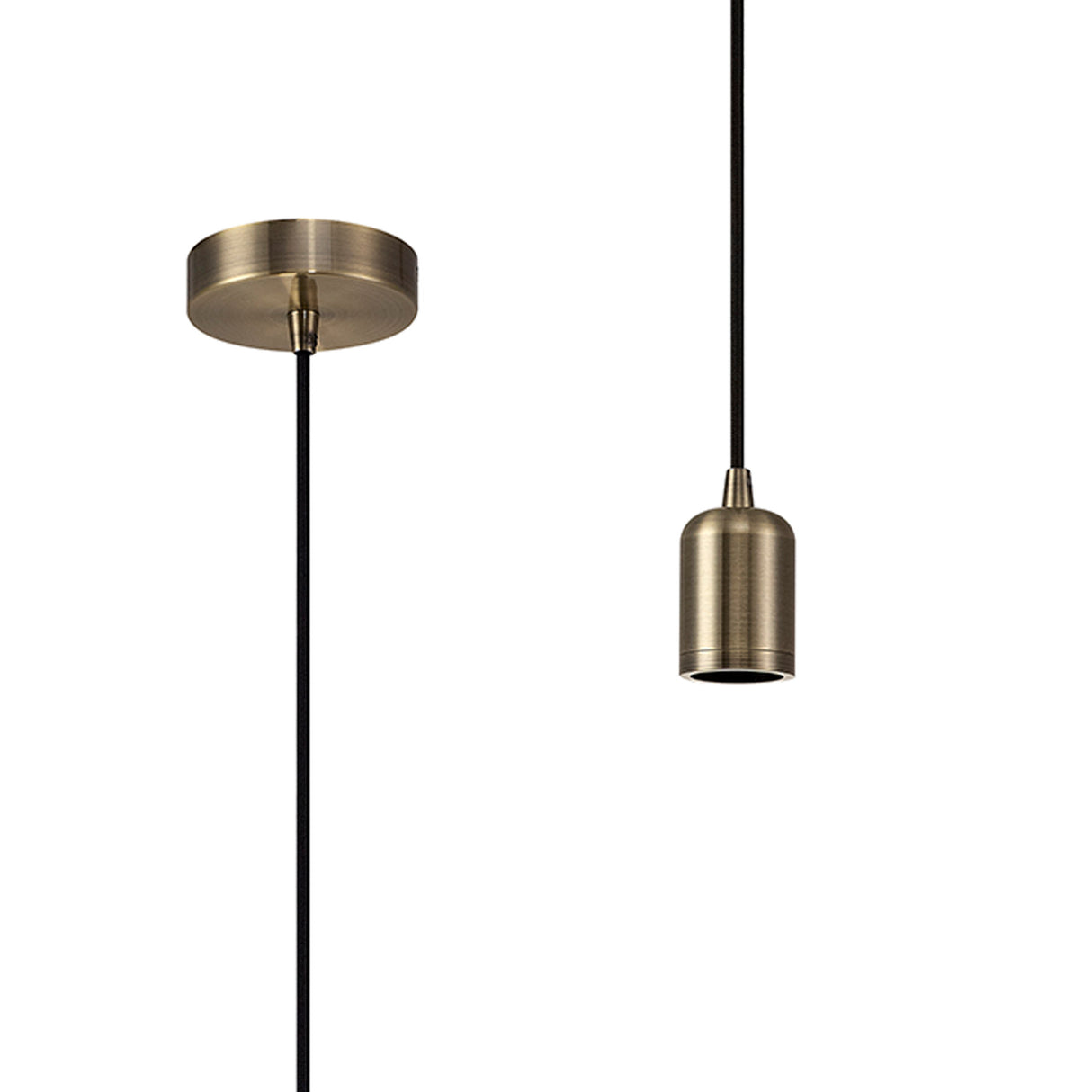 Robson 1m Suspension Kit 1 Light Antique Brass/Black Braided Cable, E27 Max 60W, c/w Ceiling Bracket & Deeper Shade Ring