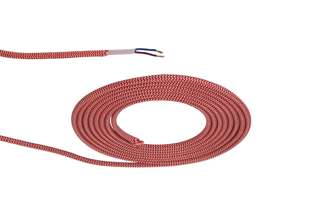 Robson 1m Red & White Wave Stripes Braided 2 Core 0.75mm Cable VDE Approved (qty ordered will be supplied as one continuous length)