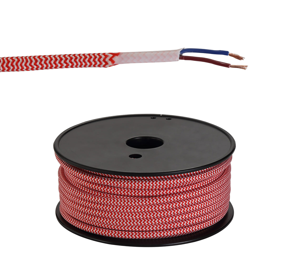 Robson 25m Roll Red & White Wave Stripes Braided 2 Core 0.75mm Cable VDE Approved