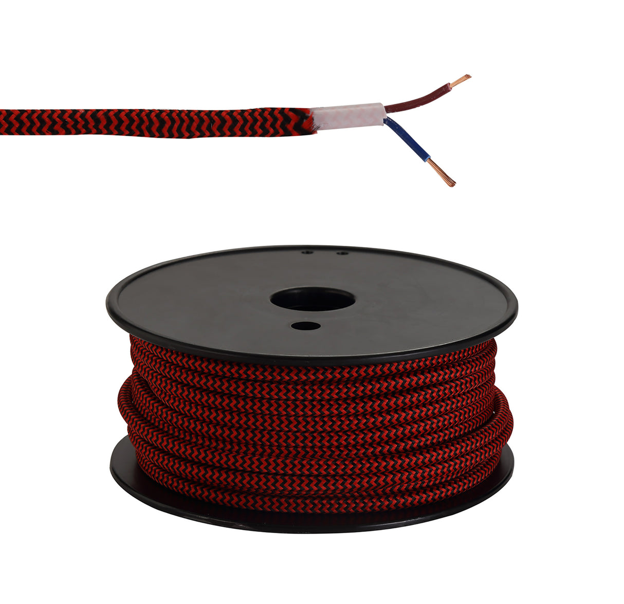 Robson 25m Roll Red & Black Wave Stripes Braided 2 Core 0.75mm Cable VDE Approved
