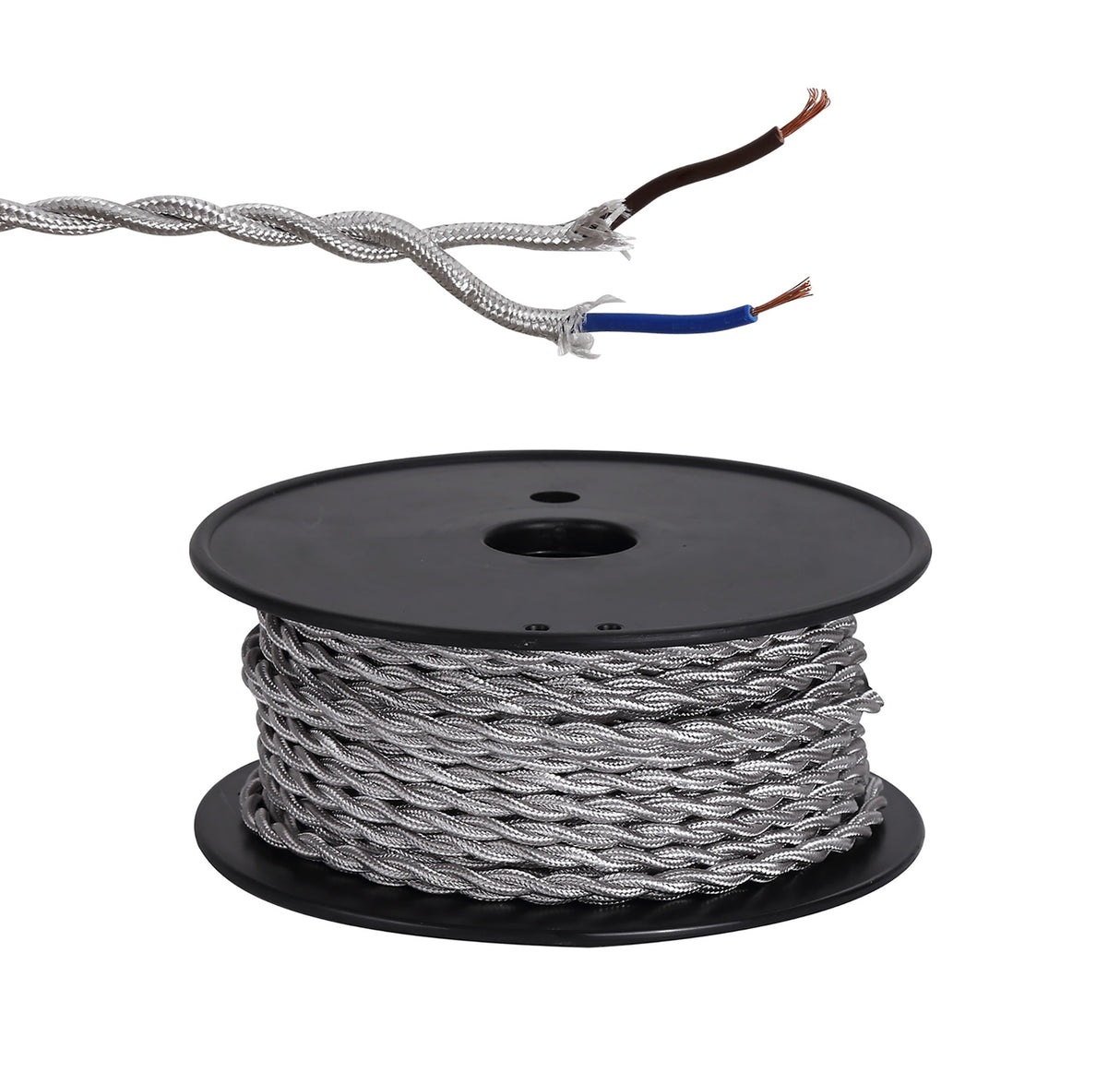Robson 25m Roll Silver Braided Twisted 2 Core 0.75mm Cable VDE Approved