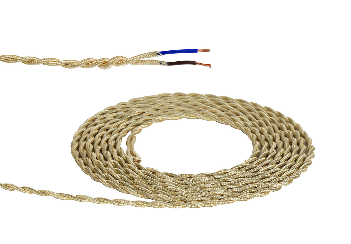 Robson 1m Pale Gold Braided Twisted 2 Core 0.75mm Cable VDE Approved (qty ordered will be supplied as one continuous length)