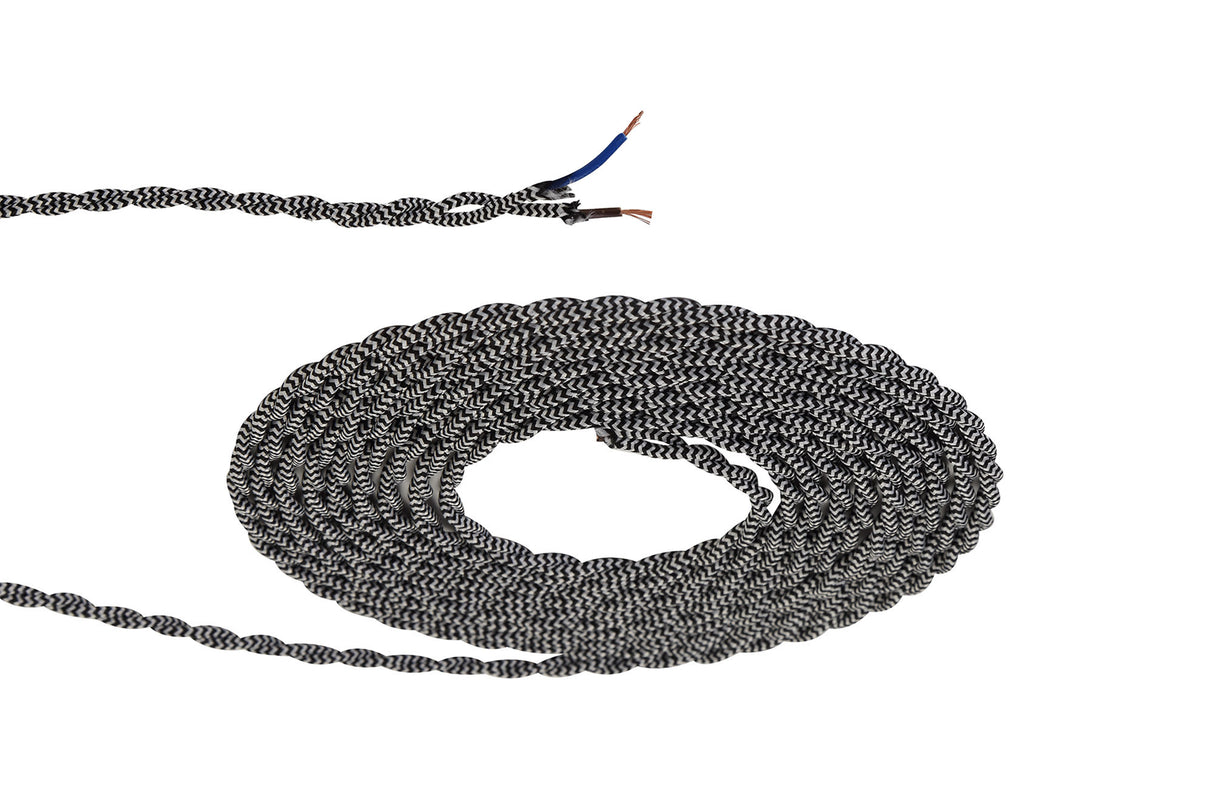 Robson 1m Black & White Wave Stripe Braided Twisted 2 Core 0.75mm Cable VDE Approved (qty ordered will be supplied as one continuous length)