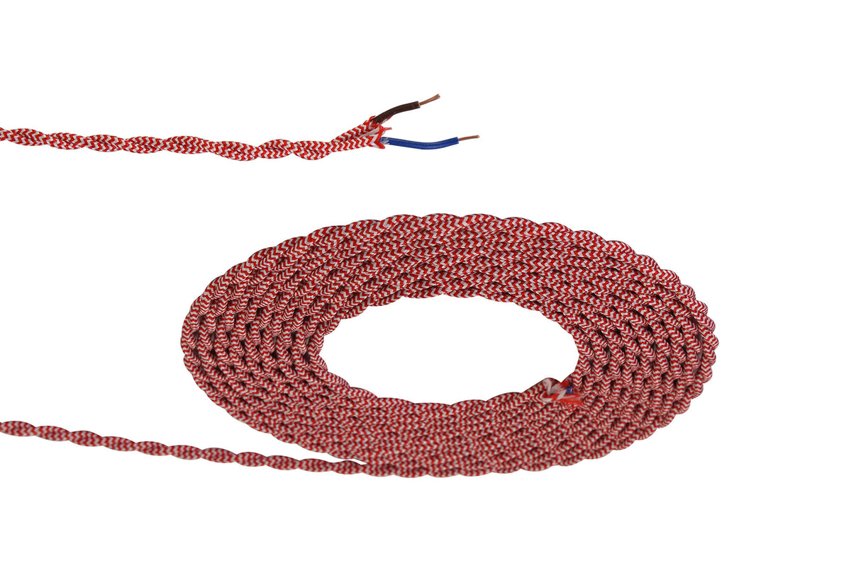 Robson 1m Red & White Wave Stripe Braided Twisted 2 Core 0.75mm Cable VDE Approved (qty ordered will be supplied as one continuous length)