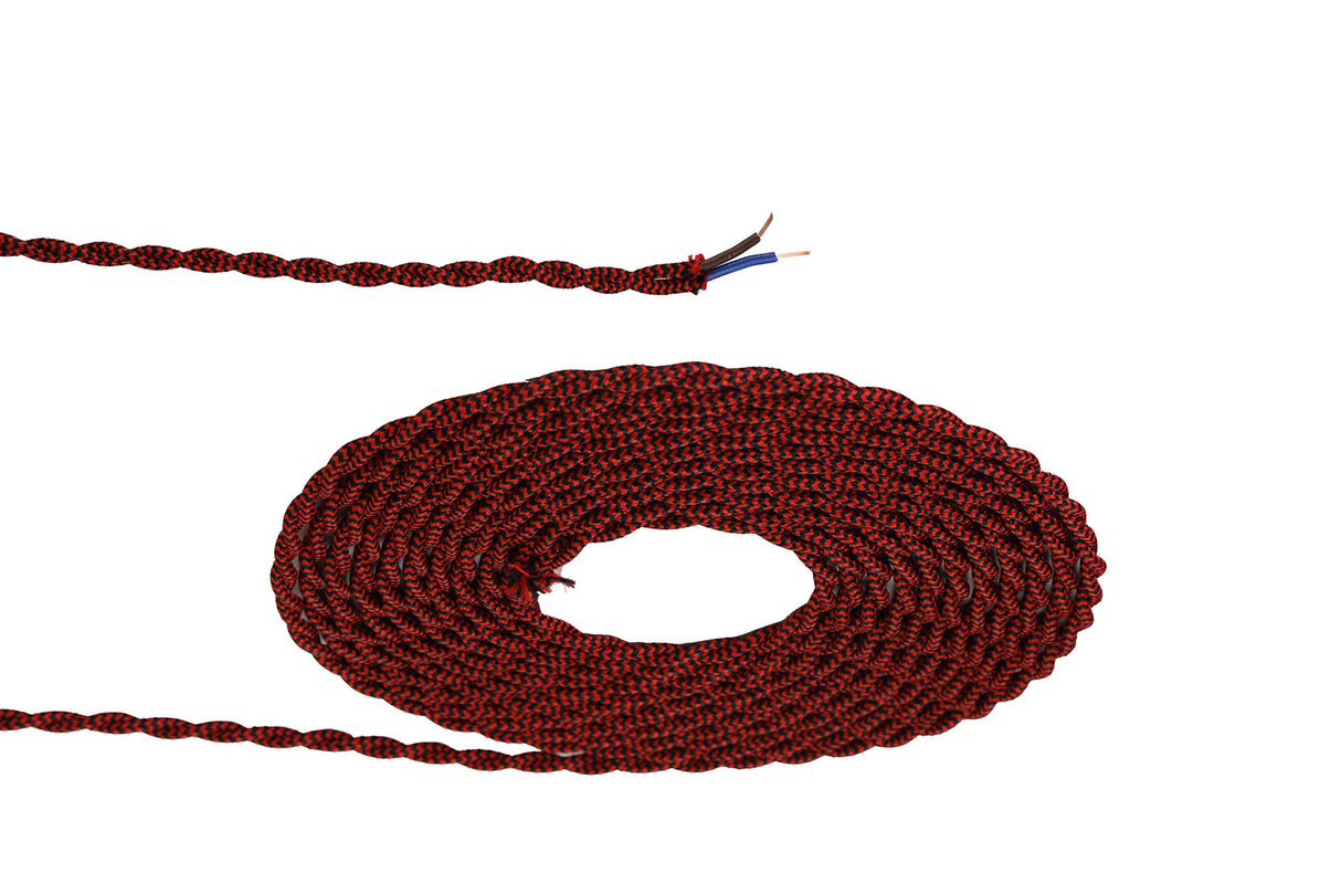 Robson 1m Red & Black Wave Stripe Braided Twisted 2 Core 0.75mm Cable VDE Approved (qty ordered will be supplied as one continuous length)