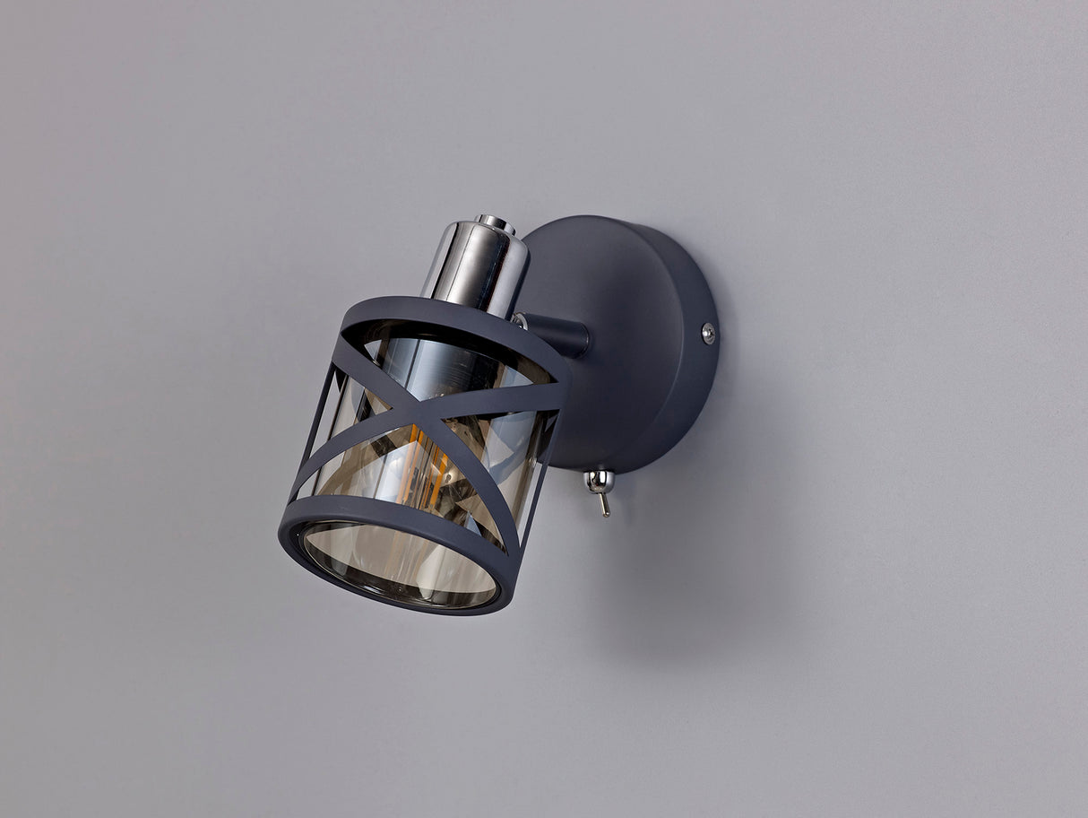 Ritchie 1 Light Switched Spotlight E14, Matt Grey/Polished Chrome/Cognac