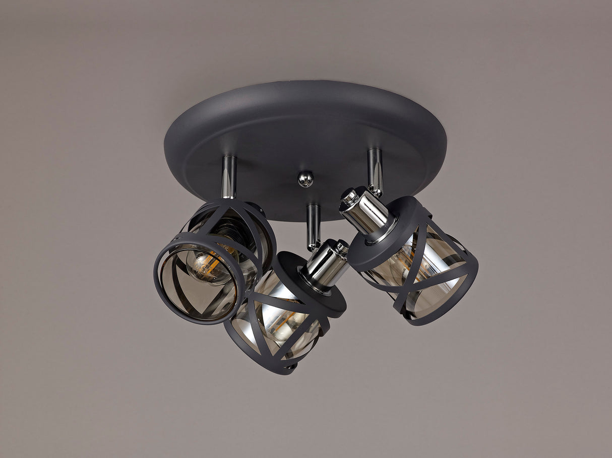 Ritchie 3 Light Round Spotlight E14, Matt Grey/Polished Chrome/Cognac