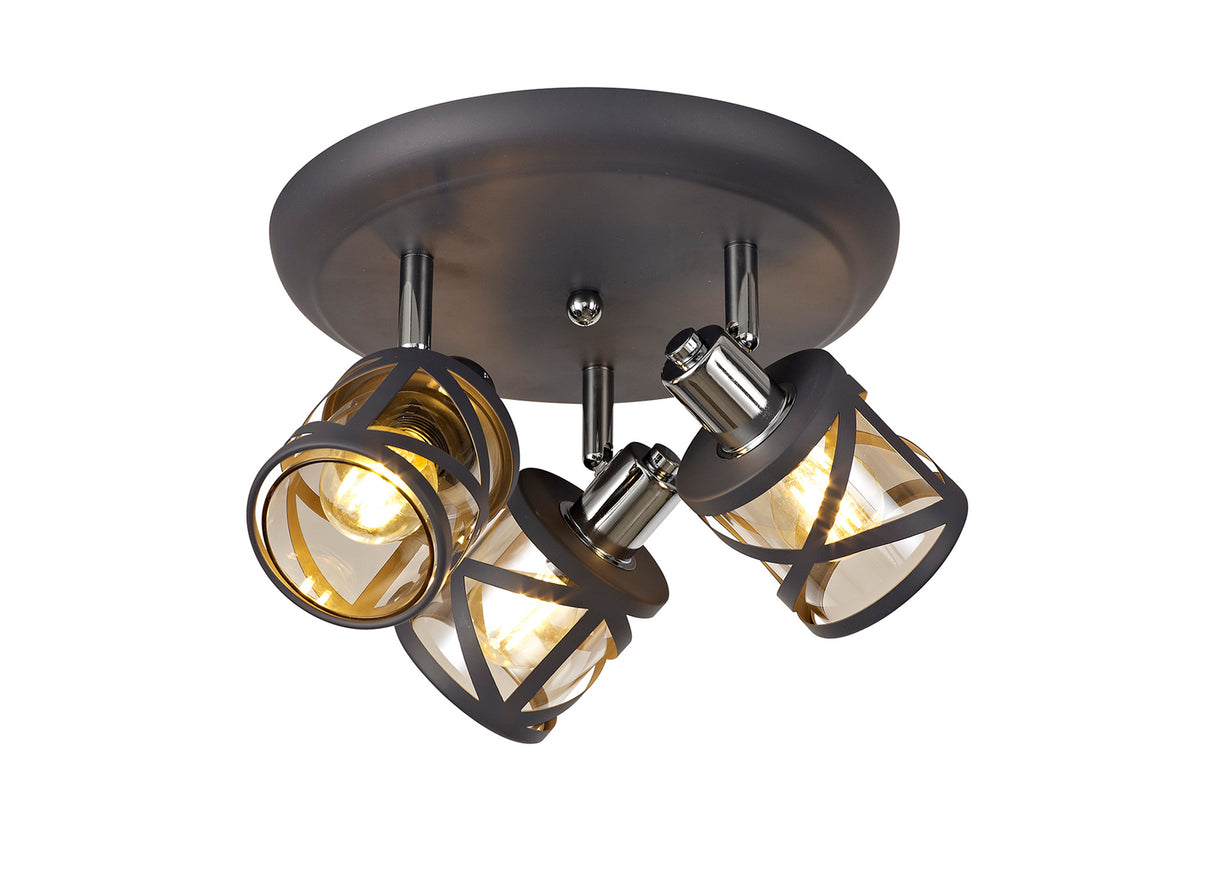 Ritchie 3 Light Round Spotlight E14, Matt Grey/Polished Chrome/Cognac