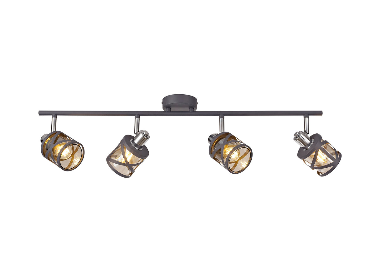 Ritchie 4 Linear Bar Light Spotlight E14, Matt Grey/Polished Chrome/Cognac