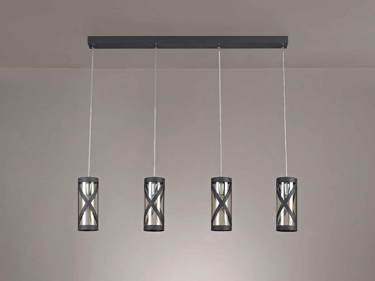 Ritchie 4 Light Bar Linear Pendant E14, Matt Grey/Polished Chrome/Cognac
