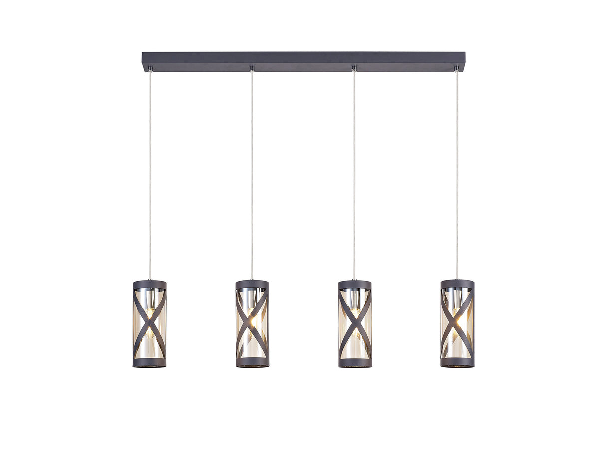 Ritchie 4 Light Bar Linear Pendant E14, Matt Grey/Polished Chrome/Cognac