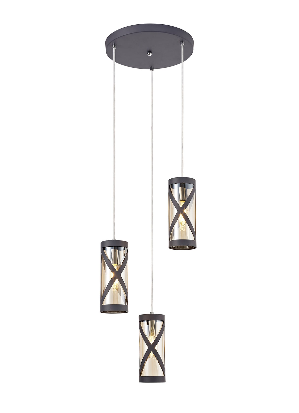 Ritchie 3 Light Round Pendant E14, Matt Grey/Polished Chrome/Cognac