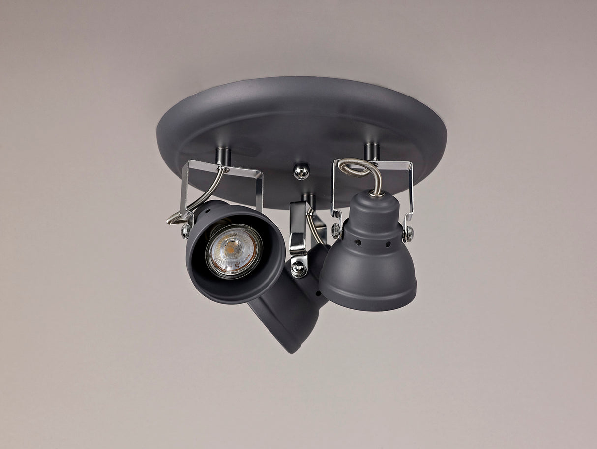 Walker Adjustable Round Spotlight, 3 x GU10 (Max 10W LED), Matt Grey/Polished Chrome