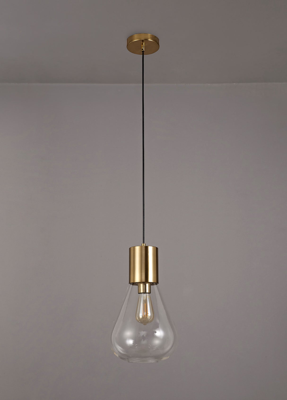 Rowell Narrow Pendant, 1 x E27, Aged Brass/Clear Glass